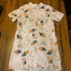 Rachel Zoe Dress Large Blush Pink with Blue and Gold 100%Linen Pockets